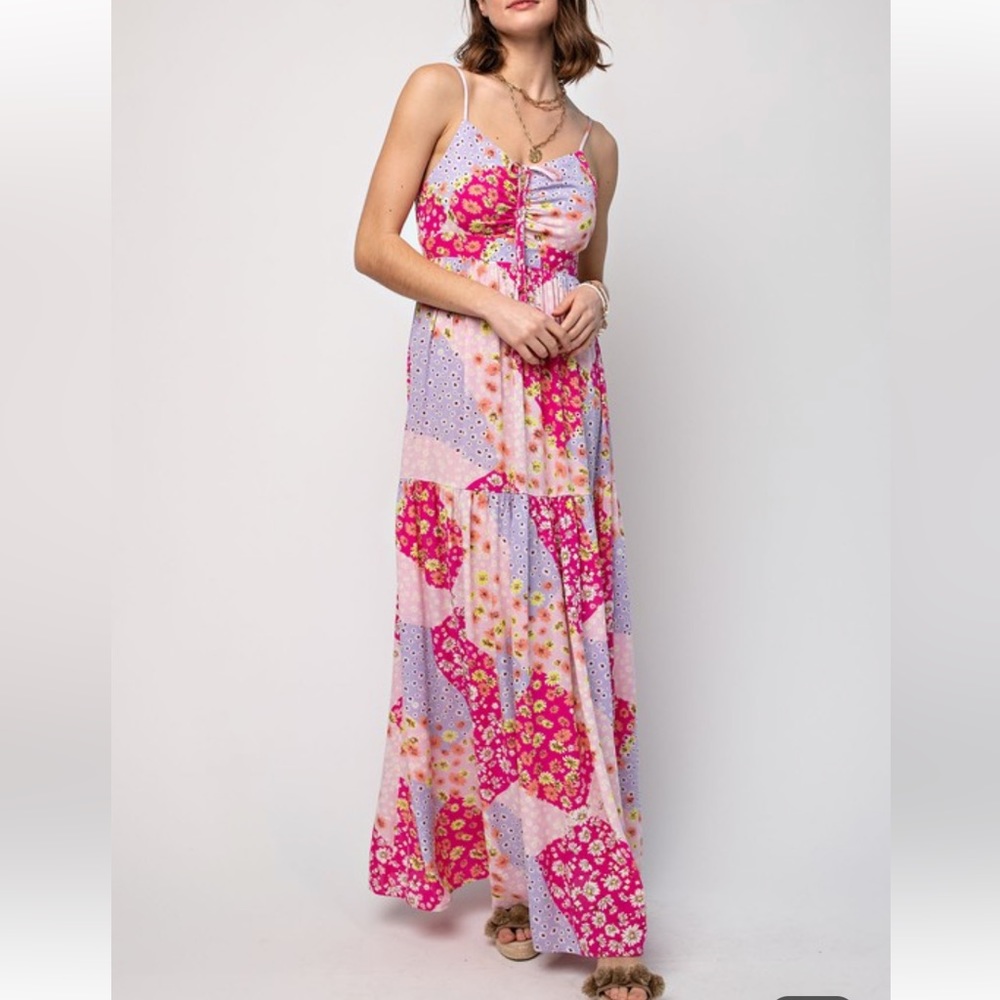 Fuschia Pink Patchwork Printed Gauze Cami Maxi Dress